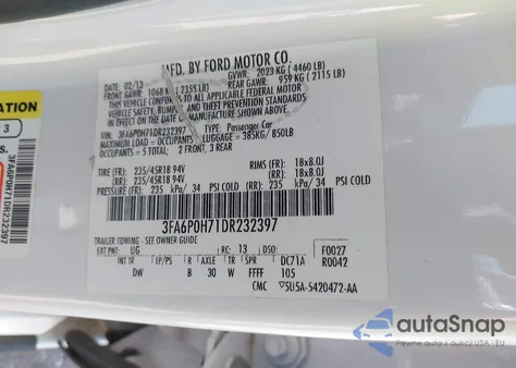 2013 Ford Fusion Se z USA, uszkodzony, nr VIN 3FA6P0H71DR232397